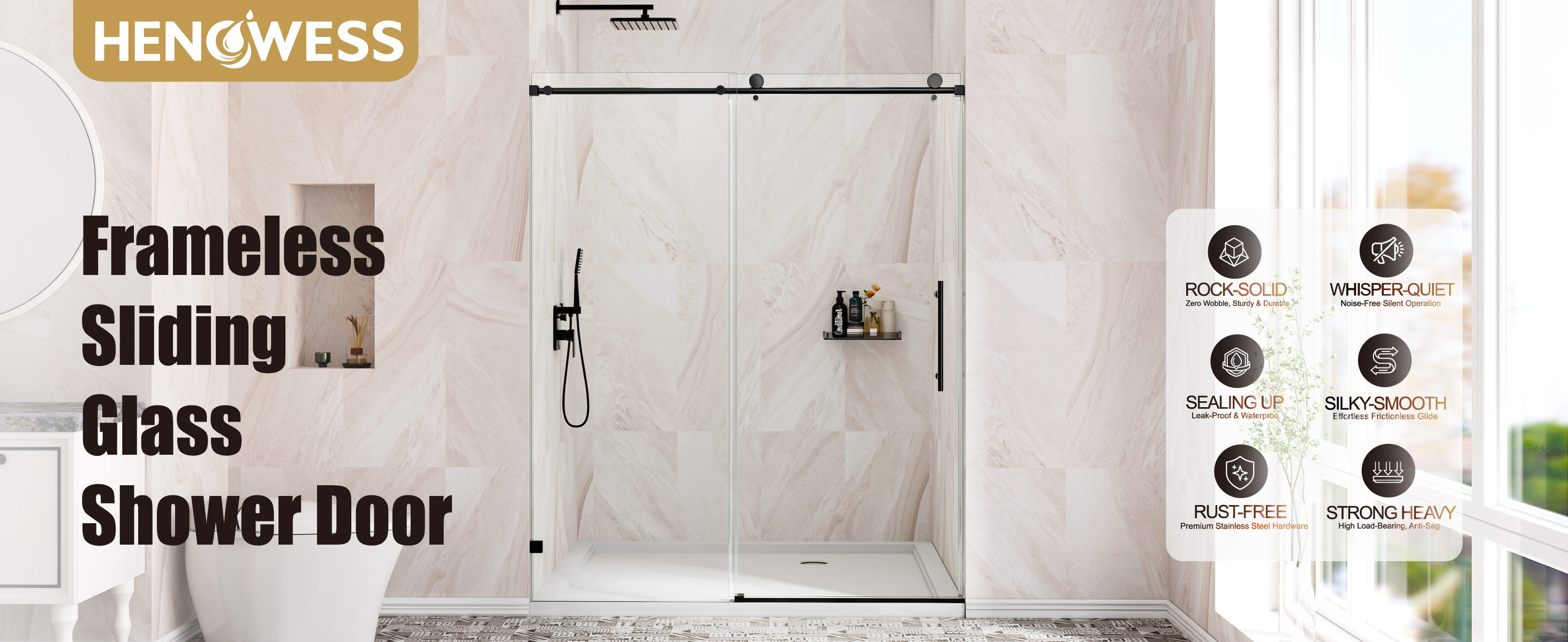 HENGWESS matte black single sliding shower door in a light bathroom setting, cropped from its own product marketing image