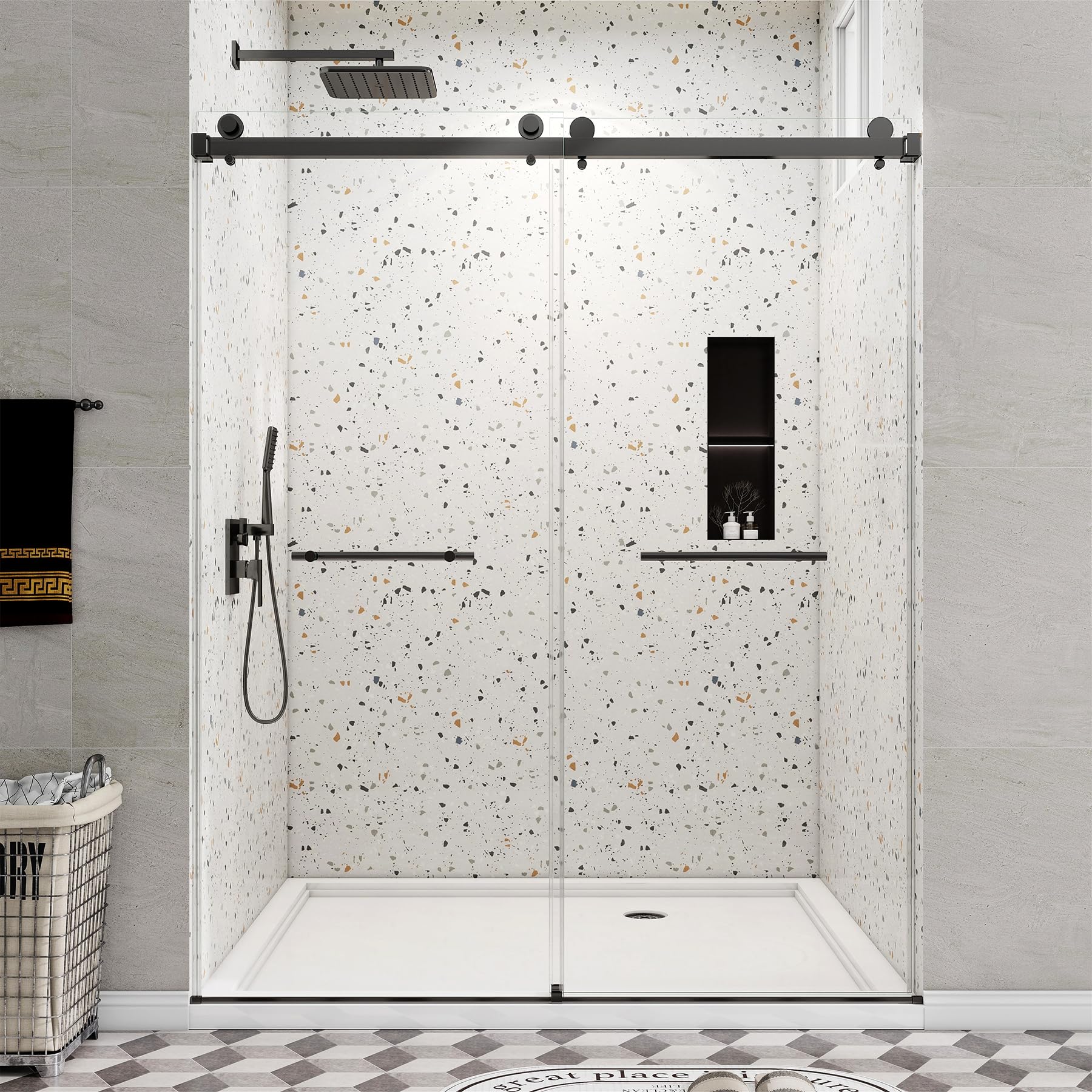 Black frameless double sliding shower door — HENGWESS product photography
