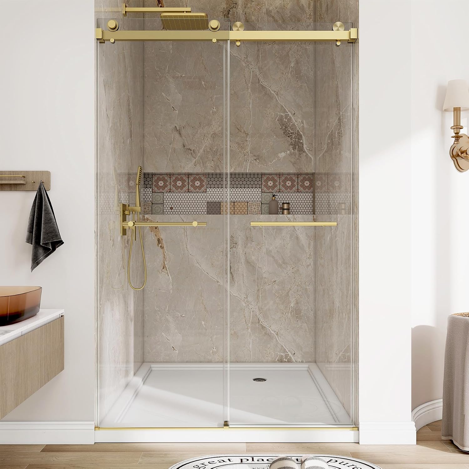 HENGWESS Brushed Gold double sliding shower door — B0GHP4PN9Q, full view
