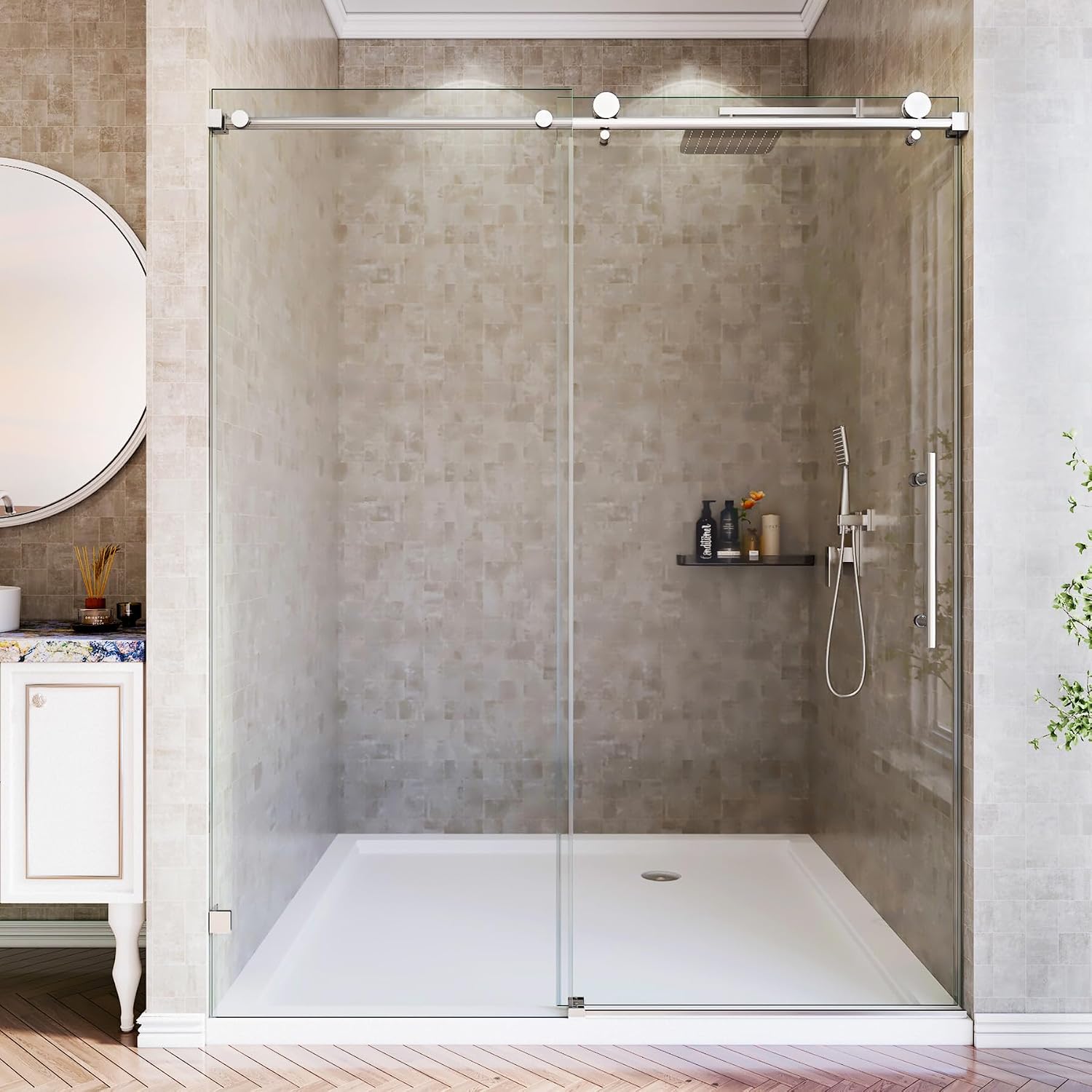 HENGWESS Brushed Nickel single sliding shower door — B0GHP494X5, full view